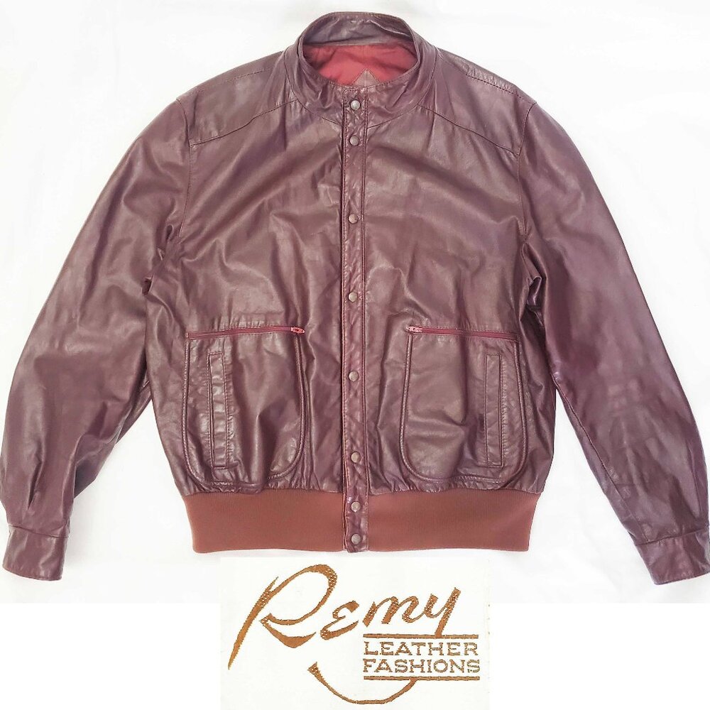 Vintage Remy Mens Dark Burgundy Leather Bomber Jacket